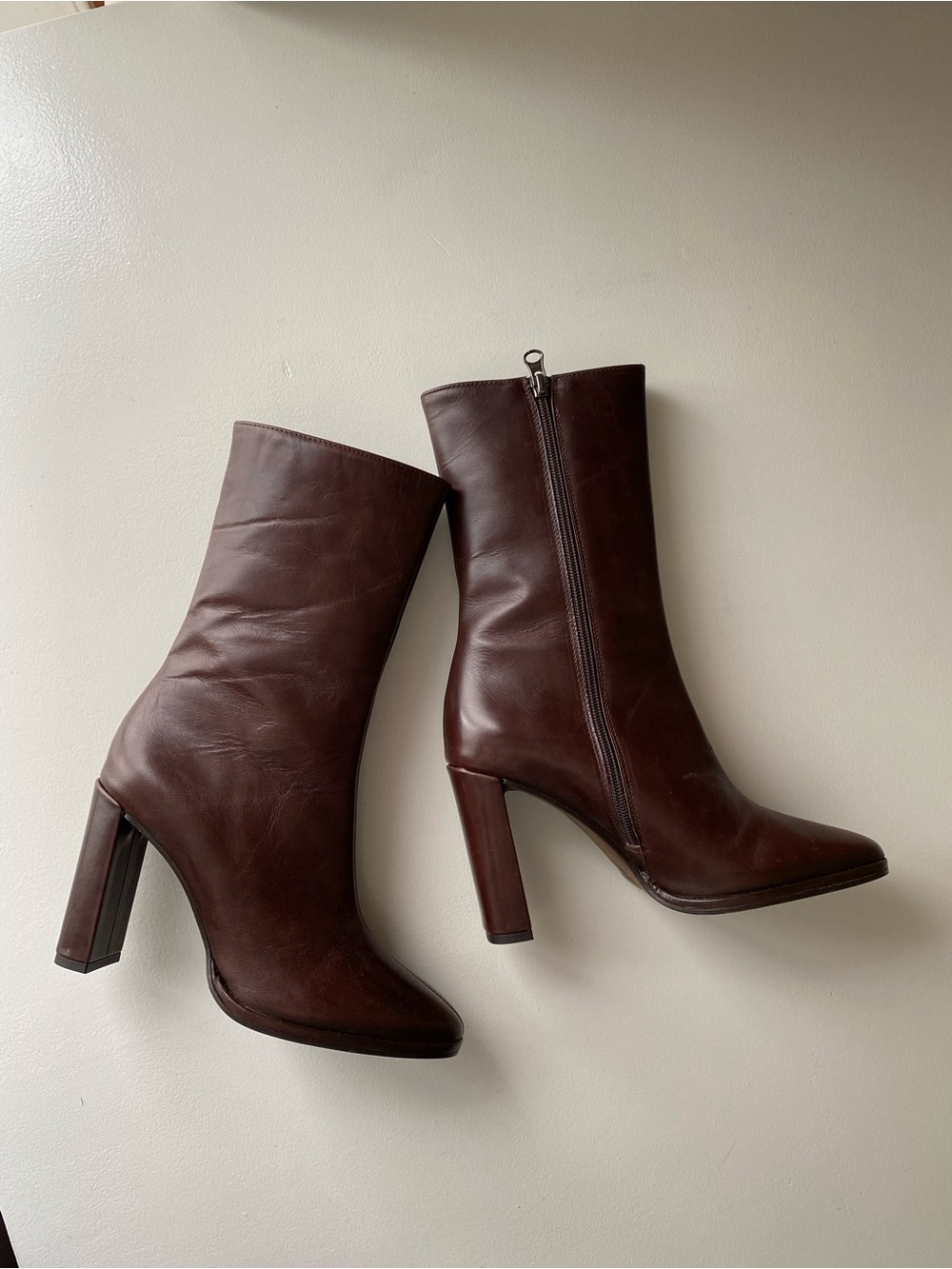 L'INTERVALLE Dark Brown Leather Mid-Calf Block Heel Boots